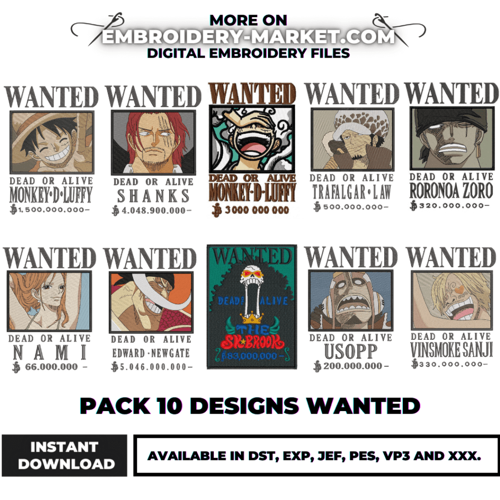 pack wanted one piece embroidery design